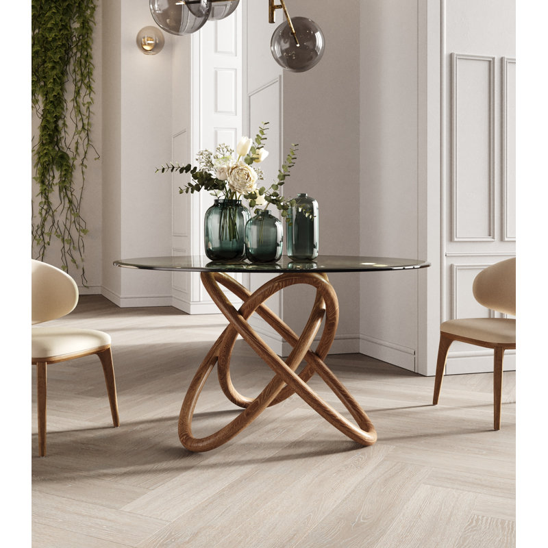 Shirehampton Round Glass Top Solid Wood Base Dining Table Walnut